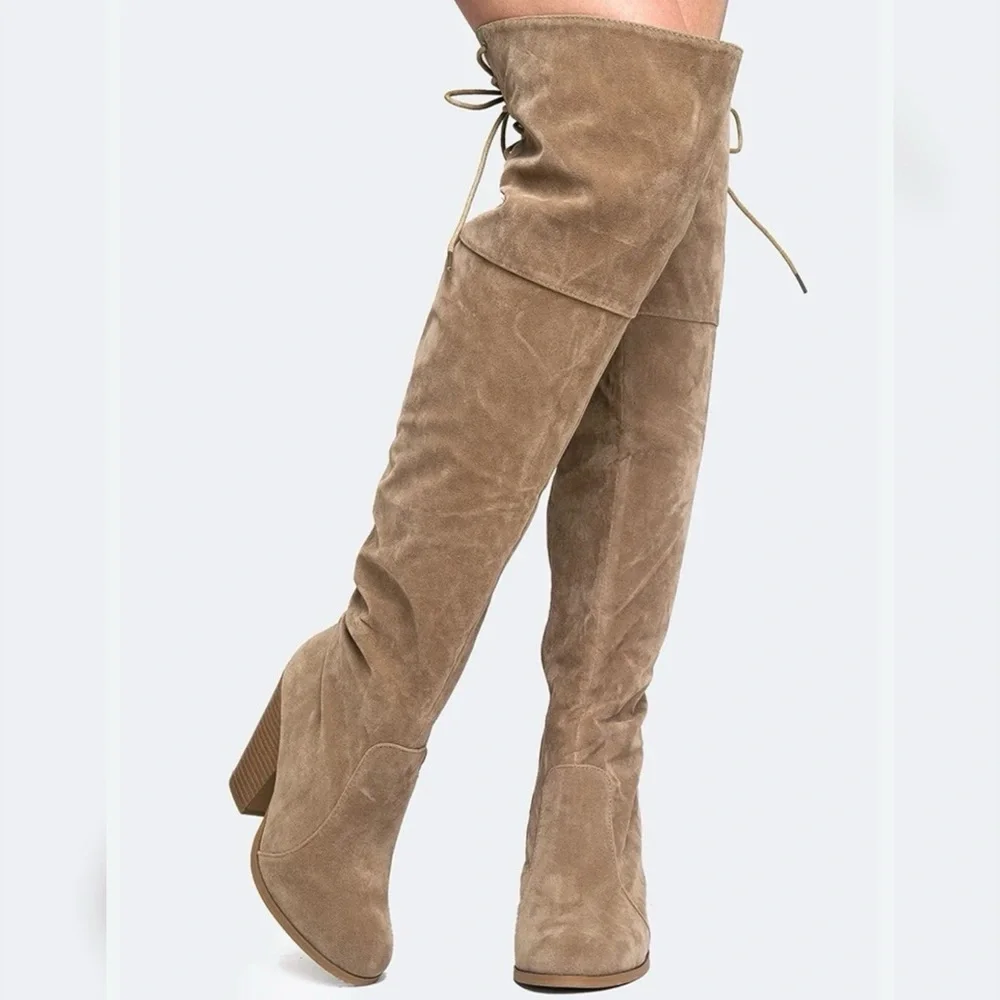 Charlotte Russe Beige Suede Over The Knee Heeled Boots